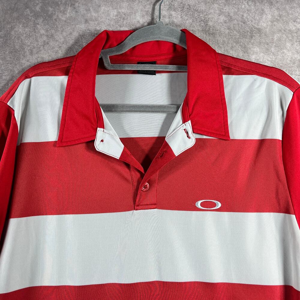 Oakley Polo Shirt Mens Large Red White Striped Short Sleeve Outdoor Preppy Golf